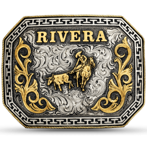 A custom belt buckle for men featuring a mexican charro figure and personalized bronze lettering for name